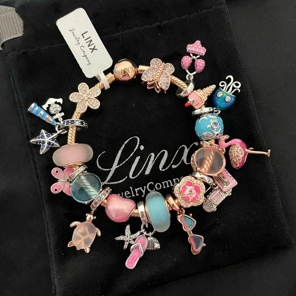Linx Rose Gold Snake Chain Bracelet with Beach and Summer Themed Charms